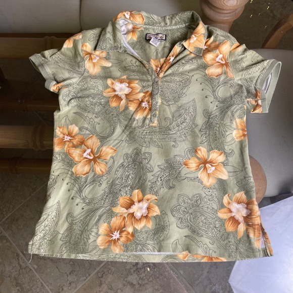 Caribbean Joe Floral‎ Polo Shirt Tropical Print Button Up Top L - Picture 1 of 5